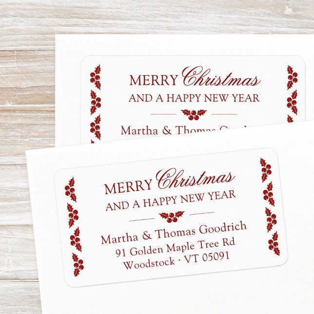 Elegant skript jul röda järnek returadress adressetikett (Elegant script, red and white Merry Christmas return address label with Holly, Ilex design elements.)