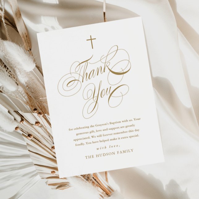 Elegant skript kalligrafi guld dop tack kort (Elegant calligraphy gold baptism thank you card.)