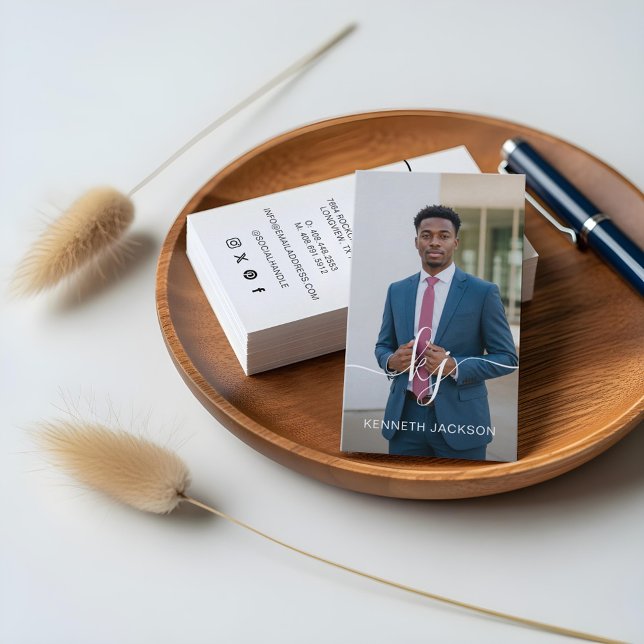 Elegant skript kalligrafi monogram logotyp & foto visitkort (Elegant Script Calligraphy Monogram Logo & Photo Business Card)