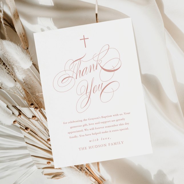 Elegant skript kalligrafi rosa flickor dop tack kort (Elegant calligraphy dusty pink girls baptism thank you card.)