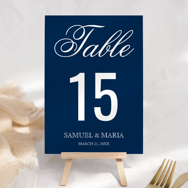 Elegant Skript Marinblå Bröllop Bordsnummer (Skapare uppladdad)