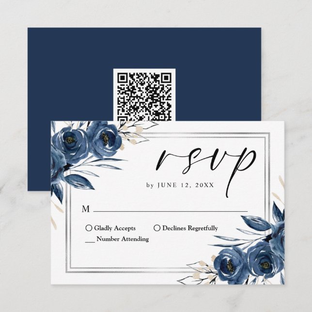 Elegant Skript Marinblommig Bröllops QR-kod OSA Kort (Fram/baksida)