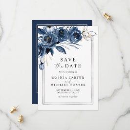 Elegant Skript Marinblommig Foto Bröllop Spara Datumet
