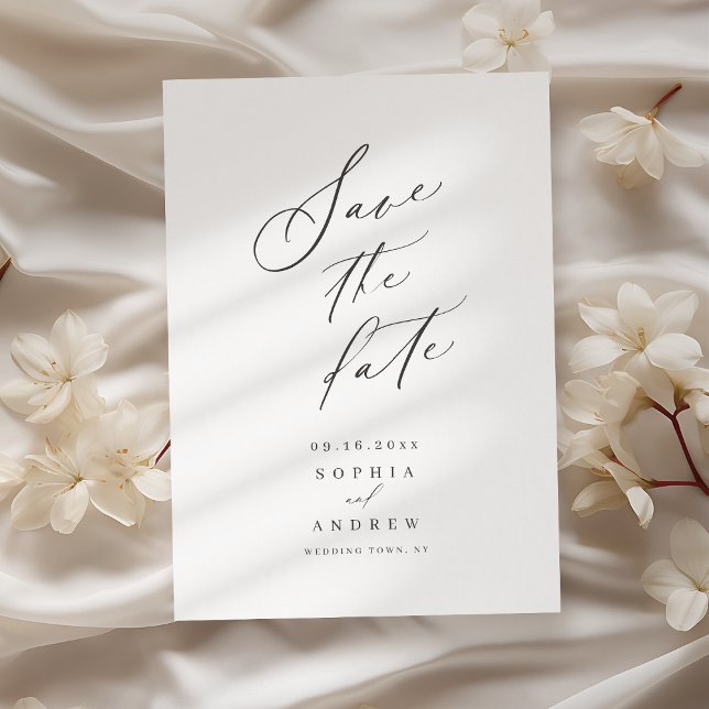 Elegant-skript minimalistisk bröllop spara datum spara datumet (Elegant script minimalist wedding save the date)