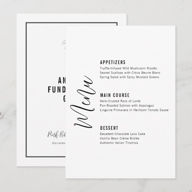 Elegant Skript Minimalistisk Formell Middag Meny (Fram/baksida)