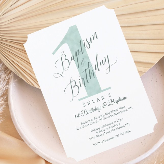 Elegant skript Mint Bebisens 1-årsdag & Dop Inbjudningar (Elegant Script Mint Baby's 1st Birthday & Baptism Invitation)