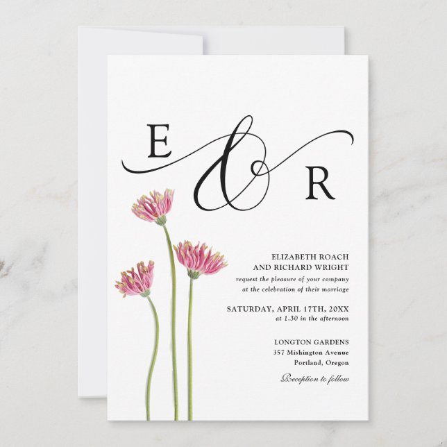 Elegant skript monogram blommig vildblommor bröllo inbjudningar (Framsida)