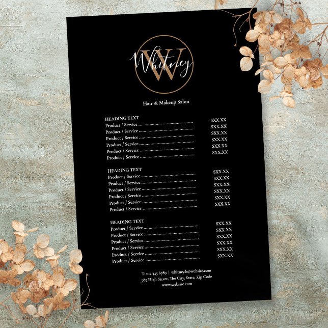Elegant skript monogram salong service meny (Elegant Script Monogram Salon Service Menu Flyer)