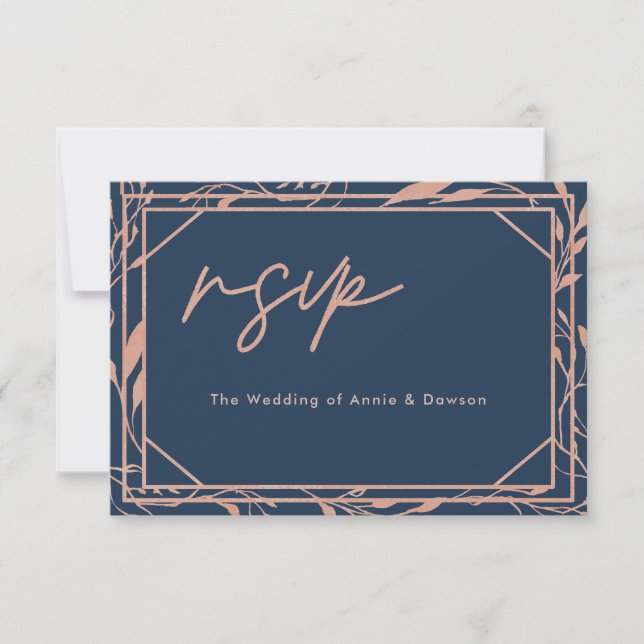 Elegant skript navy rosa guld bröllop RSVP OSA Kort (Framsida)