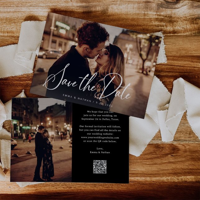 Elegant, skript och svart | Två foto- och QR-koder Spara Datumet (An elegant, dark black save the date card with two photos and a scannable QR code)