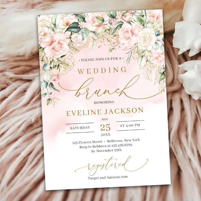 Elegant-skript pastel rosa ros bröllop brunch inbjudningar (Ethereal pale pink roses sage greenery and gold wedding brunch invitation)