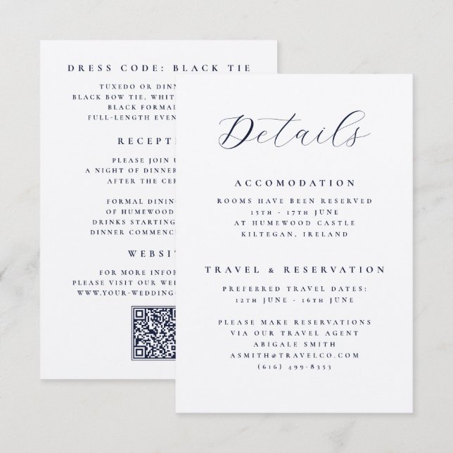 Elegant skript QR-kod för detaljer om destinations Tilläggskort (Fram/baksida)