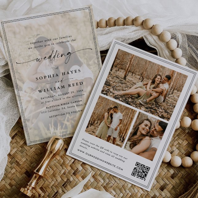 Elegant Skript QR-kod Foto Bröllop Inbjudningar (Skapare uppladdad)