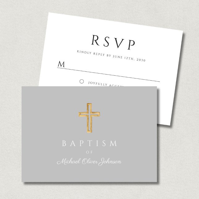 Elegant skript religiöst kors dop OSA kort (Elegant Script Religious Cross Baptism RSVP Card)