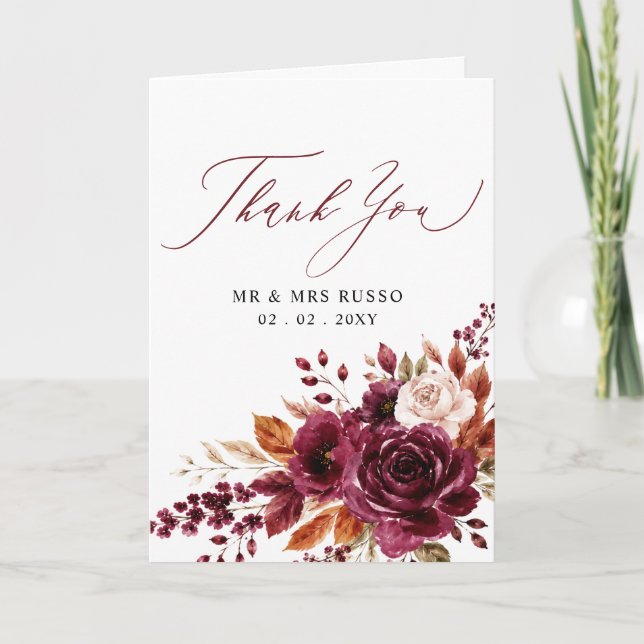 Elegant skript röd höst blommande foton tack kort (Framsida)