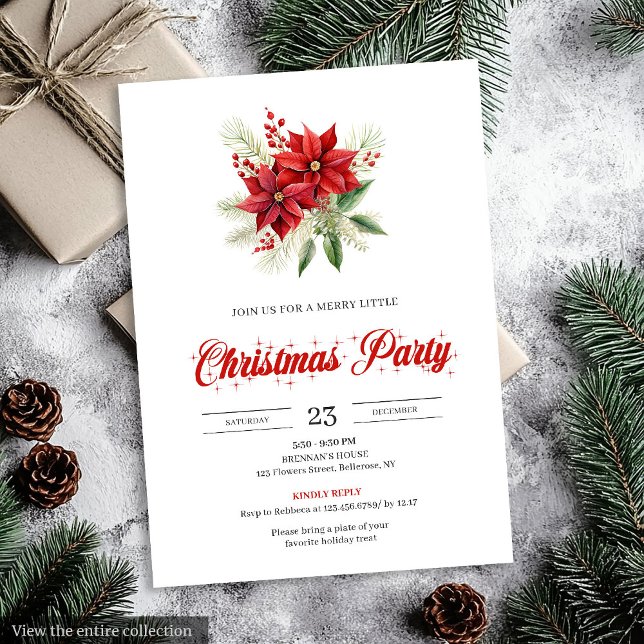 Elegant skript Röd Vit Poinsettia Jul  Inbjudningar (Elegant Script Red White Poinsettia Christmas Invitation)