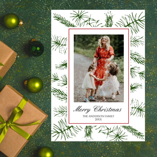 Elegant Skript Rustik Tall Bohisk Foto Jul Julkort (Rustic Pine Boho Elegant Script Christmas Card)