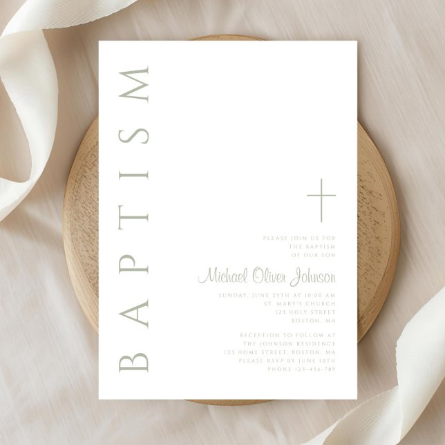 Elegant skript salvia grönt kors dop inbjudningar (Elegant Script Sage Green Cross Baptism Invitation)