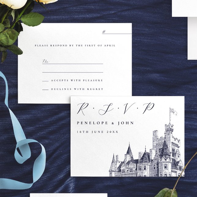 Elegant Skript Slott Illustration Bröllop OSA Kort (Elegant Script Castle Illustration Wedding RSVP Card)