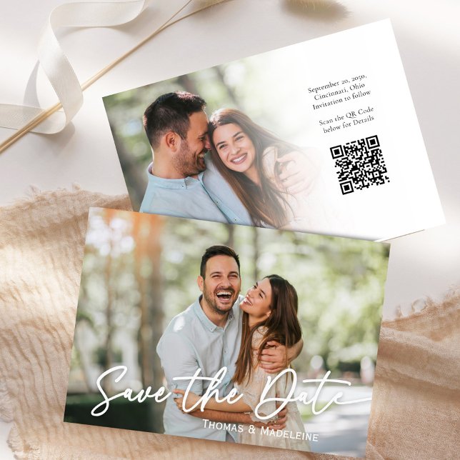 Elegant Skript Spara datumfoto Bröllop Inbjudningar (Save the date photo card template with a scannable QR Code. )