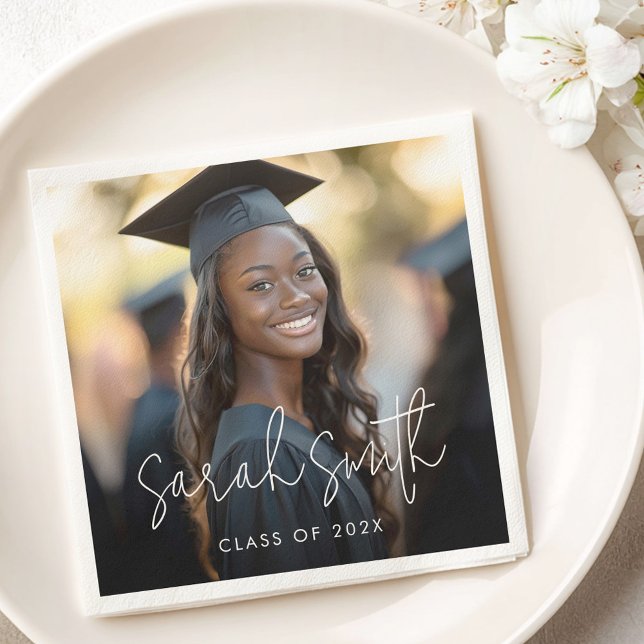 Elegant-skript, studenten-foto student namn pappersservett (Elegant script graduation photo graduate name napkins)