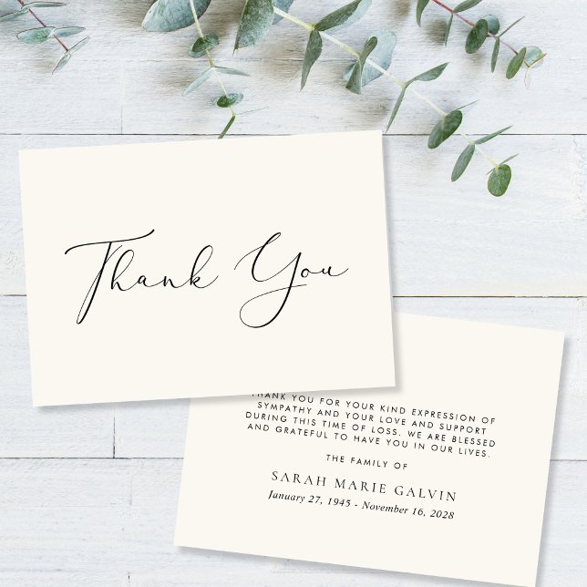 Elegant skript Sympati Begravning Minnes Krema Tack Kort (Elegant Script Sympathy Funeral Memorial Cream Thank You Card)