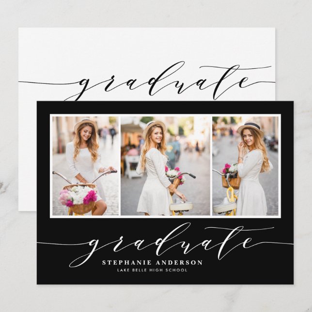 Elegant Skript Tre Foto Svart Examen Fest Inbjudningar (Fram/baksida)