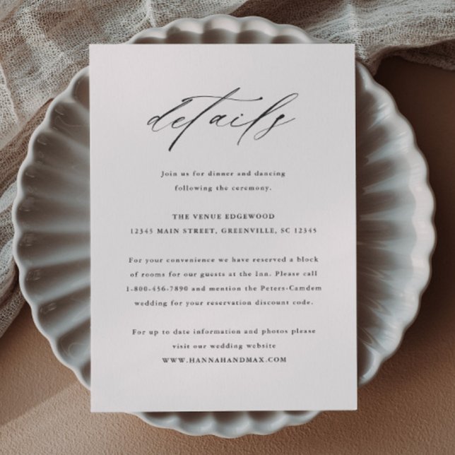 Elegant Skript Typografi Bröllopsdetaljer Tilläggskort (Elegant script wedding invitation details enclosure cards.)