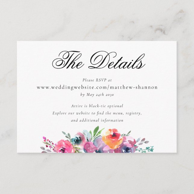 Elegant Skript Vattenfärg Blommig Bröllopsinformat Tilläggskort (Framsida)
