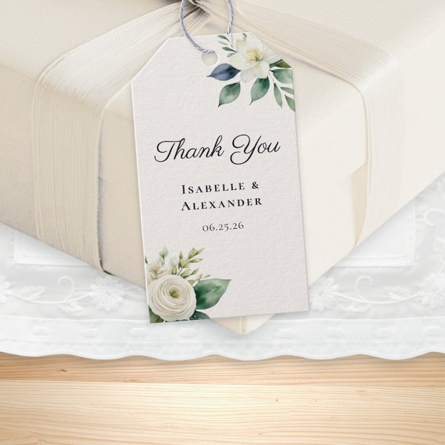 Elegant Skript Vita Blommor Botanisk Bröllop Presentetikett (A gift tag for weddings, with floral motifs in a watercolor style, and custom names and date)
