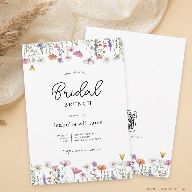 Elegant Skript Watercolor Vildblomma Bröllopsbrunc Inbjudningar (front and back of the invitation are shown at 5x7-inch size. Choose size, paper, + corner style.)