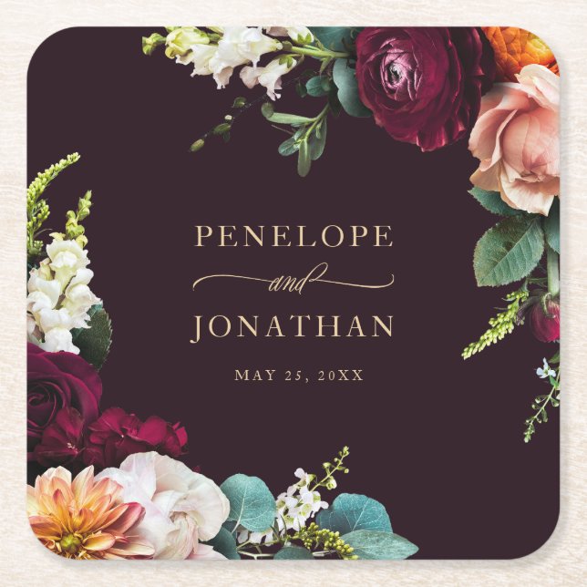 Elegant Skriptet Bröllop i Blommigt Guld i hösten  Underlägg Papper Kvadrat (Framsidan)