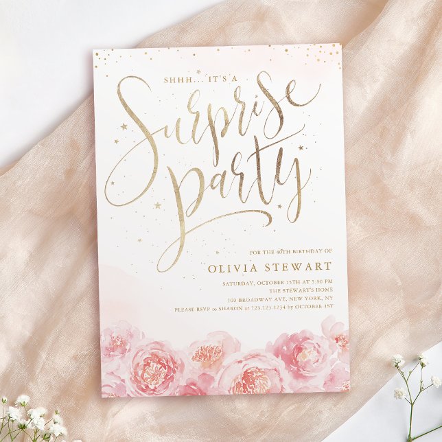 Elegant-skriptet guld  blommigt - överraskande föd inbjudningar (Elegant script gold blush floral surprise birthday invitation)