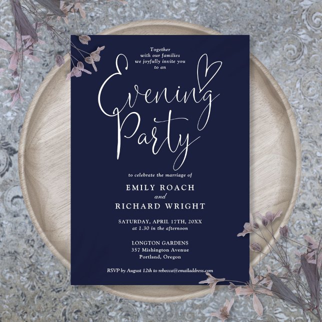 Elegant Skriptet Party vid marinblått Bröllop i kv Inbjudningar (Elegant Script Navy Blue Wedding Evening Party Invitation)