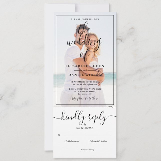 Elegant skriptfoto allt-i-ett bröllopsinbjudan inbjudningar (Framsida)