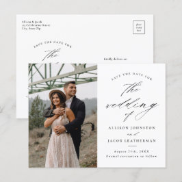 Elegant skriptfoto bröllop spara datum meddelande vykort