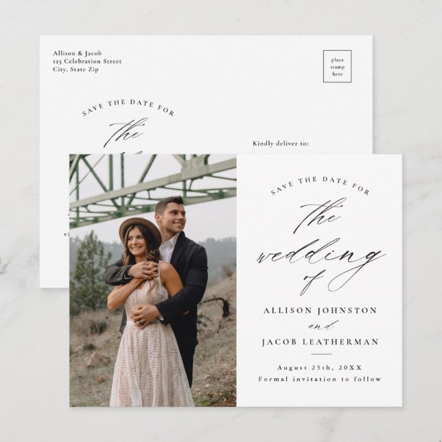 Elegant skriptfoto bröllop spara datum meddelande vykort (Fram/baksida)