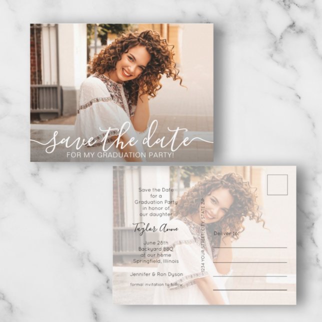 Elegant skriptfoto Examen Spara datumet Vykort (Skapare uppladdad)