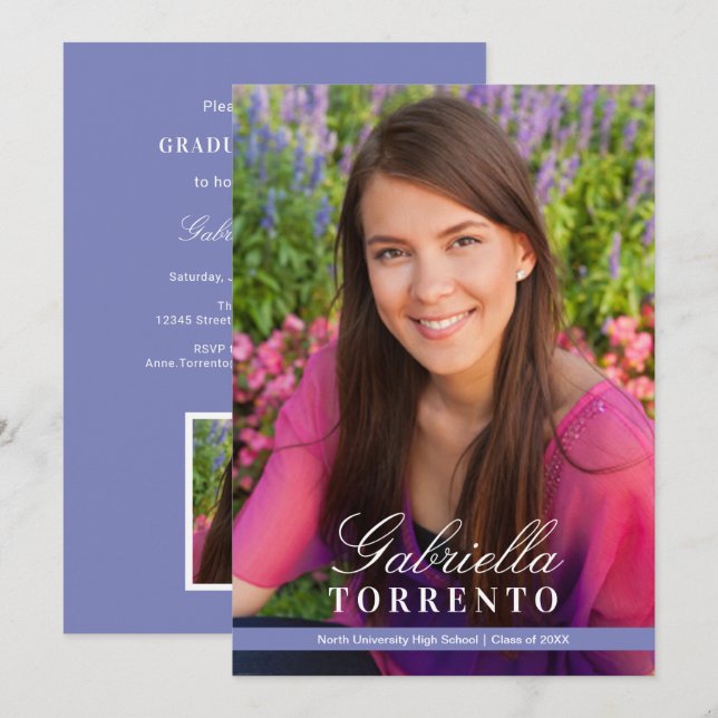 Elegant skriptfoto-examensfest Periwinkle Inbjudningar (Fram/baksida)