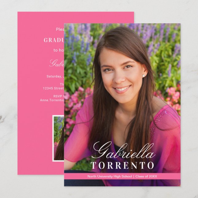 Elegant skriptfoto-examensfest rosa inbjudningar (Fram/baksida)