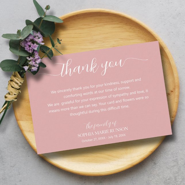 Elegant, skriptfunktion tack kort (Elegant script pink funeral thank you cards)