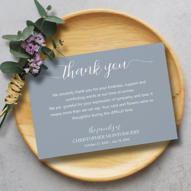 Elegant, skriptfunktion tack kort (Elegant script blue funeral thank you cards)