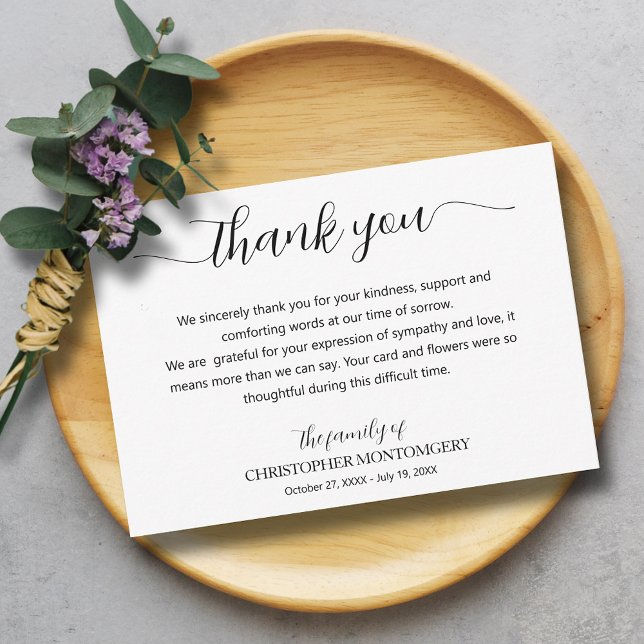 Elegant, skriptfunktion tack kort (Elegant script funeral thank you cards)