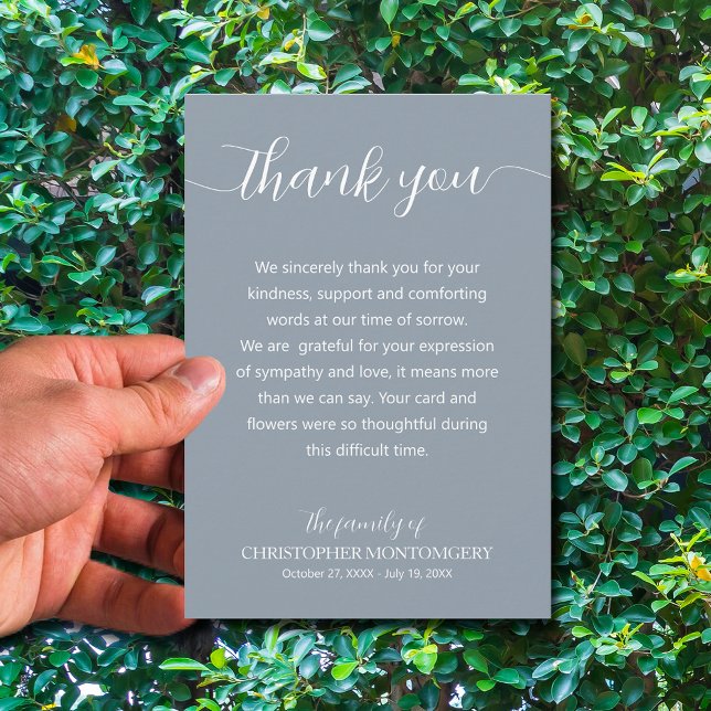 Elegant, skriptfunktion tack kort (Simple blue funeral thank you cards are 3.5" x 5" or choose a different size)