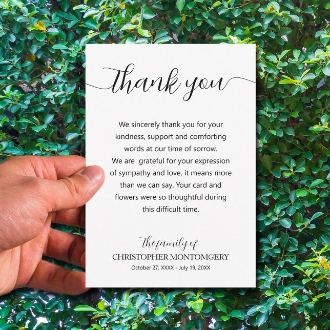 Elegant, skriptfunktion tack kort (Simple funeral thank you cards are 3.5" x 5" or choose a different size)