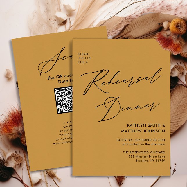 Elegant Skripthonung Guld Rehearsal Dinner QR Inbjudningar (Skapare uppladdad)