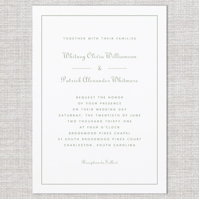 Elegant Skriptklassisk, formell, vit Bröllop-Grönt Inbjudningar (Elegant Script Classic Formal Weddings White Green Invitation)