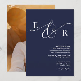 Elegant skriptmonogram foto Navyblå bröllop Inbjudningar