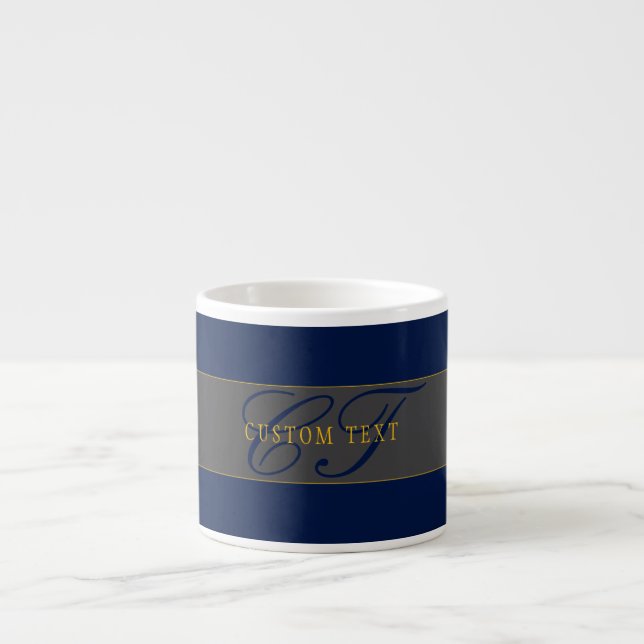 Elegant skriptmonogram marinblå grå & guld espressomugg (Framsidan)
