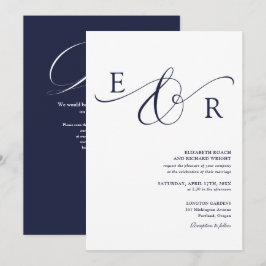Elegant skriptmonogram QR-kod Navy Blue Bröllop Inbjudningar